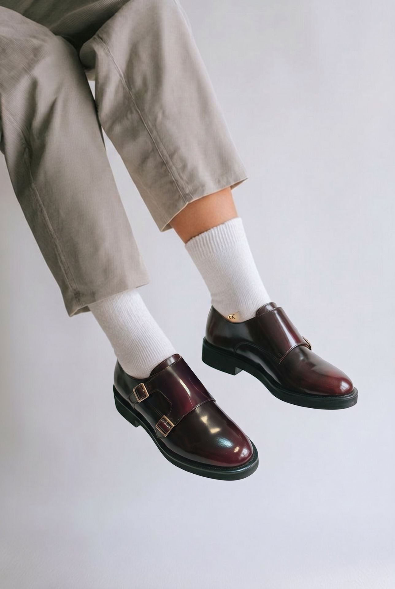 All Black Burgundy Patent Leather Double Monk Strap Lug Sole Shoes
